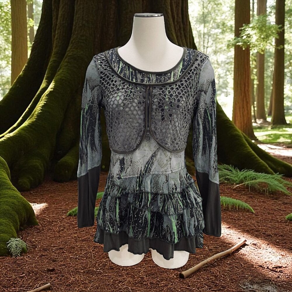 Adam Jacobs Boho Tunic Top XS‎ Artsy Layered Mesh Long Sleeve Festival Grunge